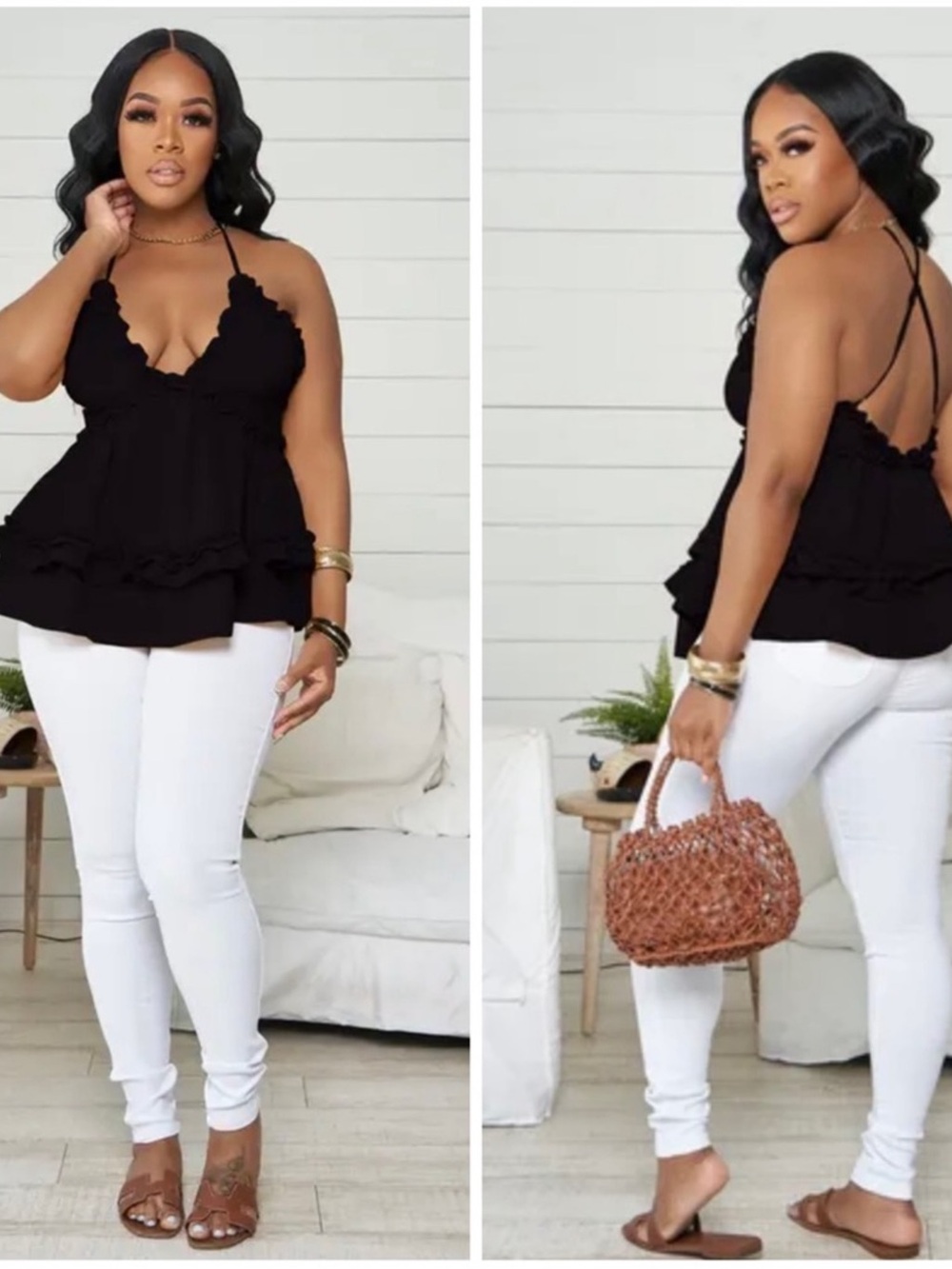 Women’s Ruffled Halter Tank Top - Black